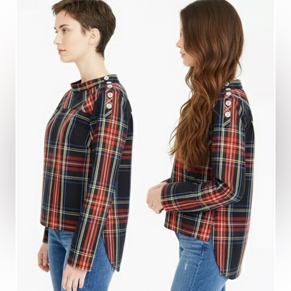 J Crew Funnel‎ Neck Tartan Plaid Blouse Jewel Shoulder Size 0P holiday Christmas